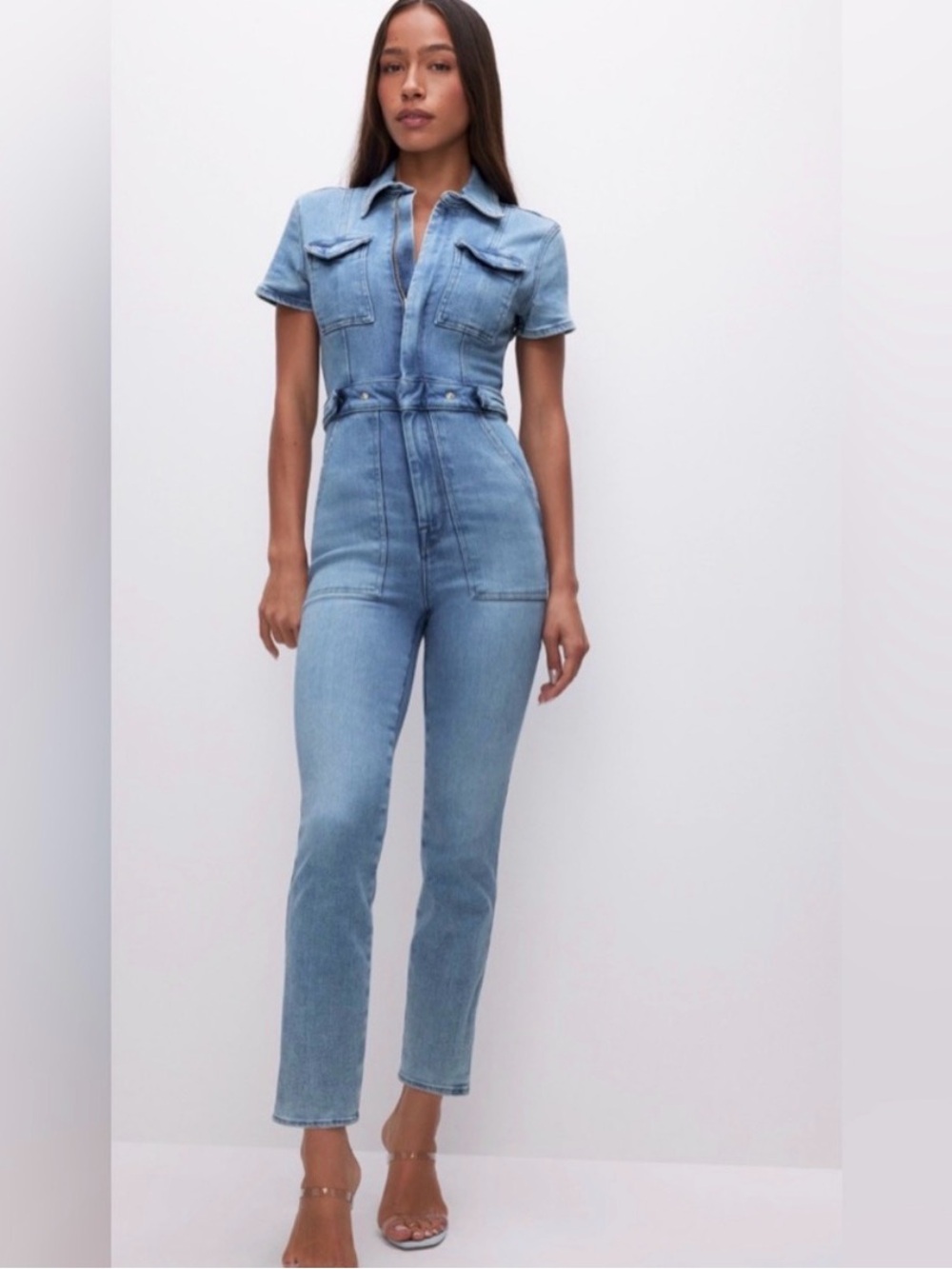 Good American Light Blue Denim Short-Sleeve Jumpsuit |M